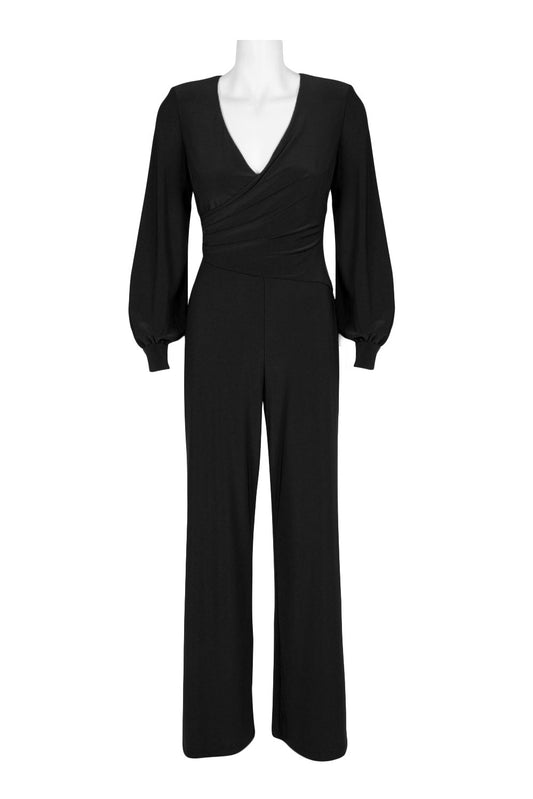 Elegant black long-sleeved jumpsuit with a v-neck and zipper back closure.