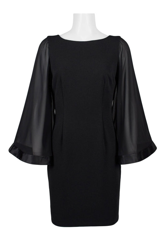 Elegant black dress from Crimson Bamboo featuring a solid ottoman fabric, crew neck, and a zipper back closure. The dress showcases long bell sleeves for a stylish look.