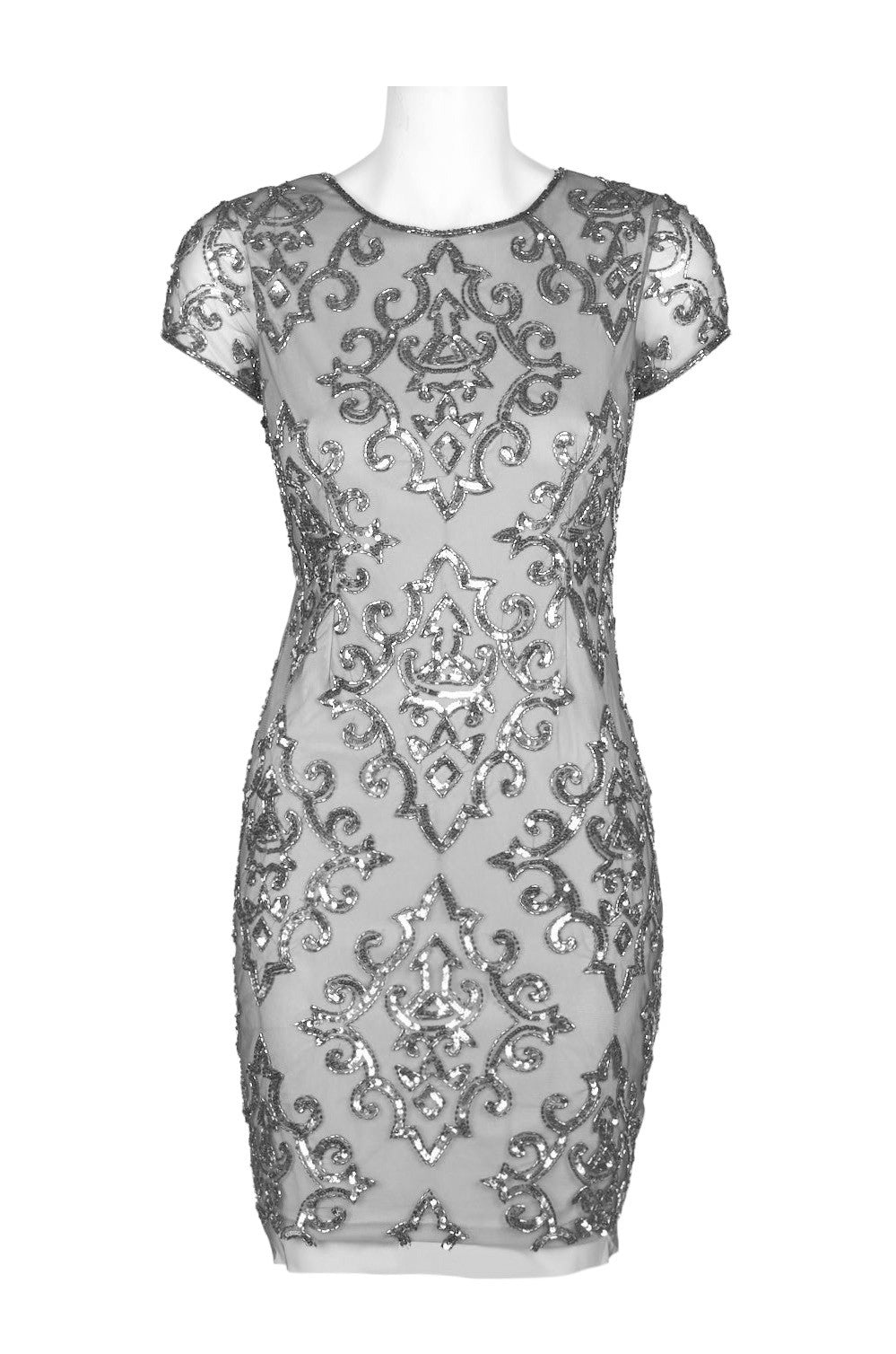 Adrianna Papell Crew Neck Cap Sleeve Embellished Bodycon Zipper Back Dress with Intricate Silver Floral Sequin Pattern