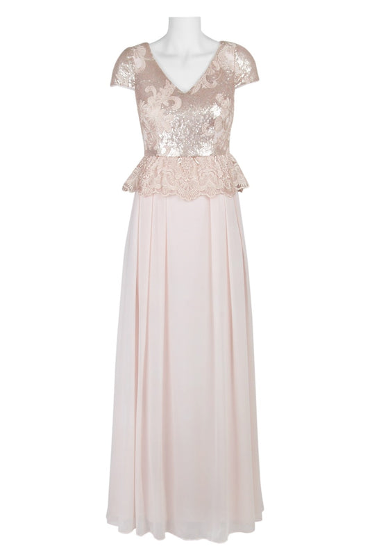 Elegant sequin and chiffon evening dress on a mannequin display. The dress features a V-neck, short sleeves, a pleated peplum waist, and a floor-length skirt. The dress is in a soft, pale pink color with shimmering sequin detailing, creating a sophisticated and formal look.