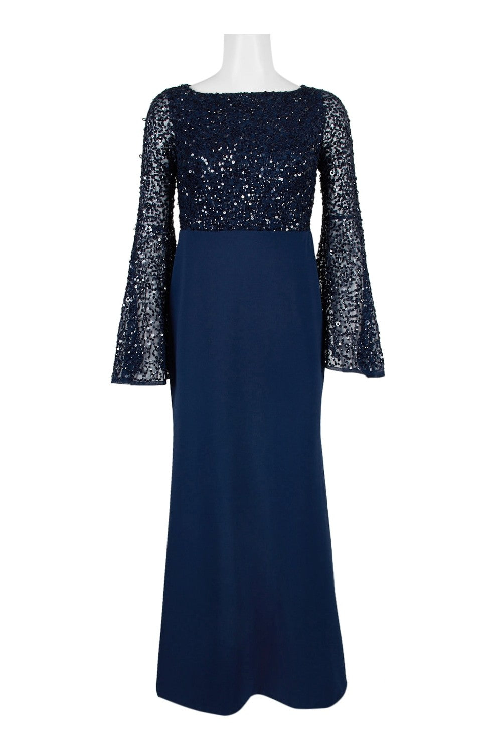 Elegant navy blue sequin-embellished evening gown with long bell sleeves.