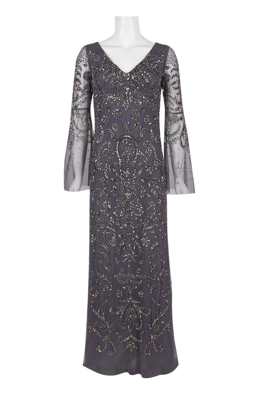 Elegant grey evening gown with intricate floral embroidery and beaded detailing, featuring a v-neckline, long sleeves, and a flowing maxi skirt.