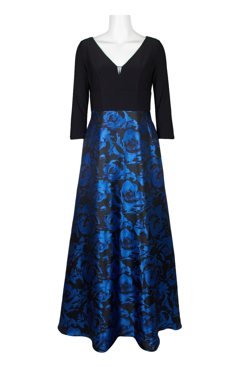 Long-sleeved formal dress with floral print on skirt and v-neck bodice in black and blue.