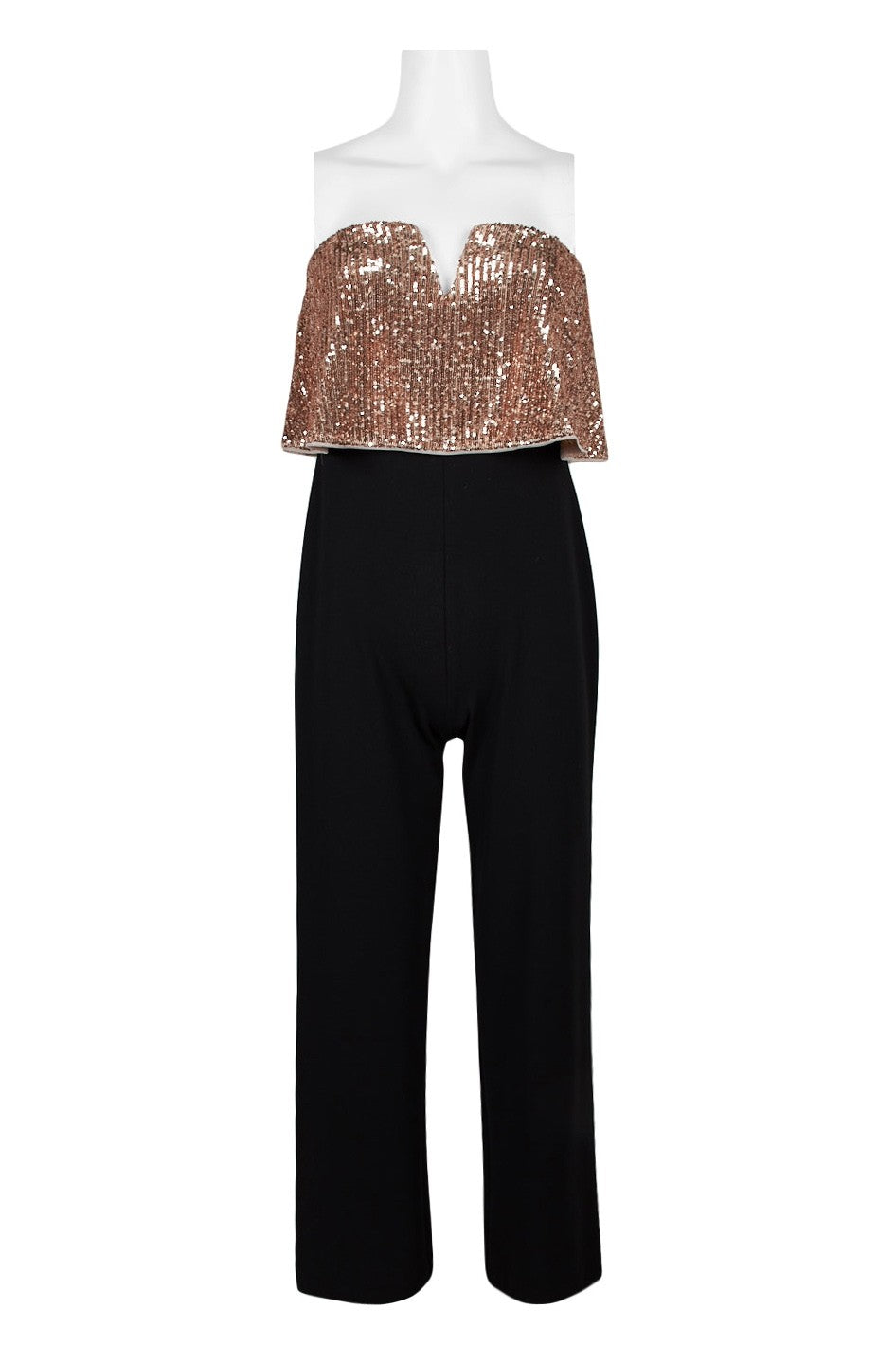 Glamorous rose gold sequin embellished mesh women's jumpsuit with black wide-leg pants.