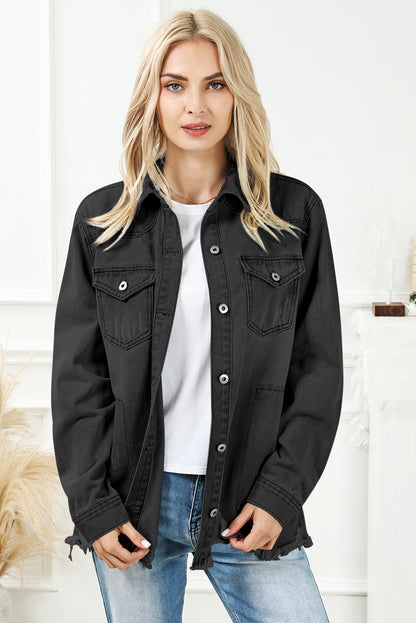 Distressed Button Up Frayed Hem Black Denim Jacket