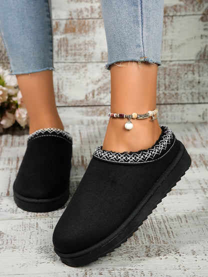 Cozy Black Platform Slippers with Intricate Trim