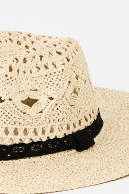 Elegant crochet wide-brimmed hat with openwork lace detailing, perfect for warm weather fashion.