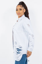 Load image into Gallery viewer, Distressed button-up denim jacket with long sleeves, worn by a fashionable woman against a white background.