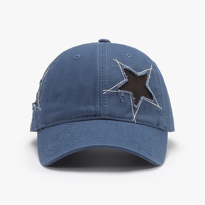 Adjustable Star Raw Hem Cap - Denim baseball cap with a star embroidered design, ideal for casual everyday wear.