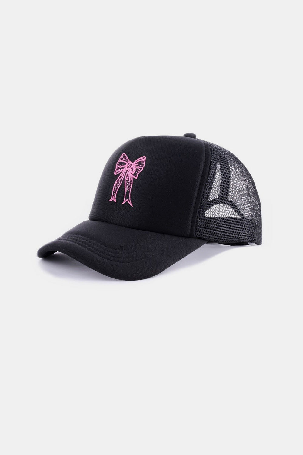 Stylish black trucker hat with pink bow embroidery, perfect for casual and comfortable wear.