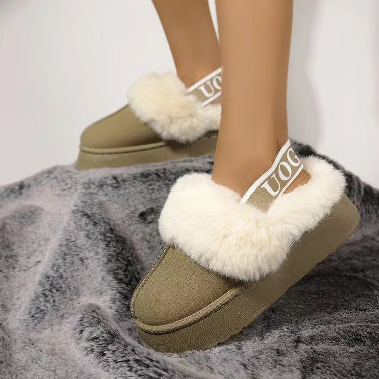 Plush platform slippers with cozy fur trim and branded strap