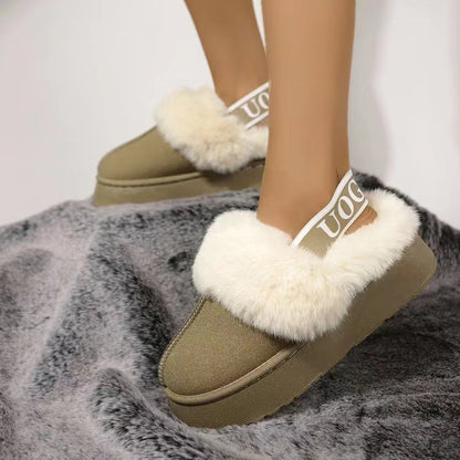 Plush platform slippers with cozy fur trim and branded strap