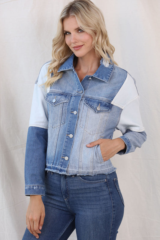 Color Block Distressed Button Up Denim Jacket - A stylish denim jacket with a distressed look and a color block design, featuring front button closure and pockets.