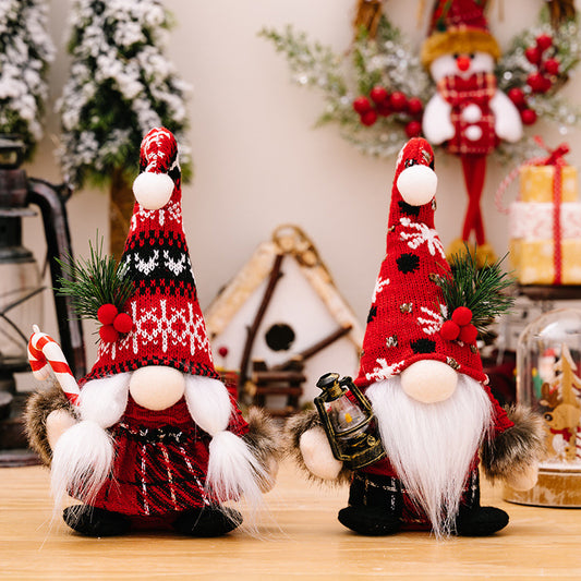 Festive Winter Gnomes - Decorative holiday figurines with knit hats, white beards, and red and black patterned attire, surrounded by festive Christmas decor in the background.