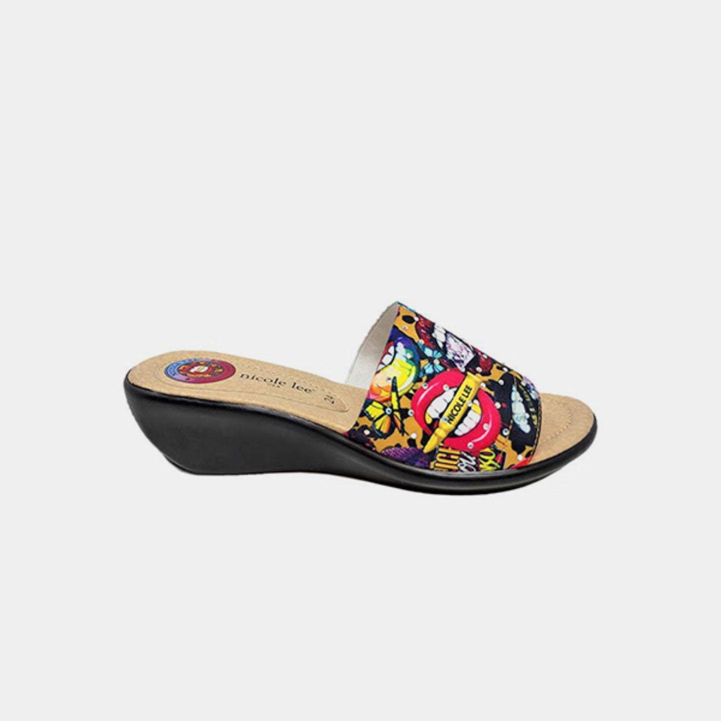 Colorful floral printed wedge slipper with rhinestone decor