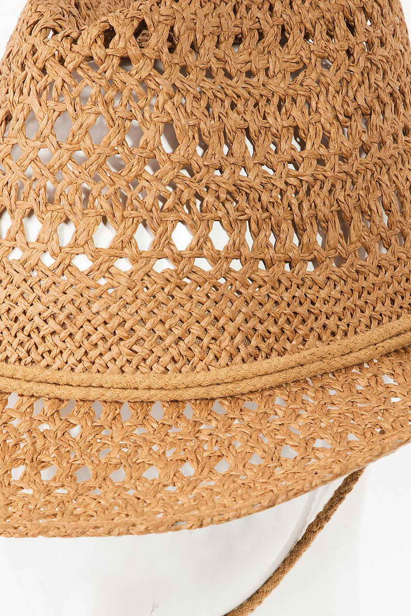 Woven straw hat with intricate braided pattern, offering stylish sun protection.