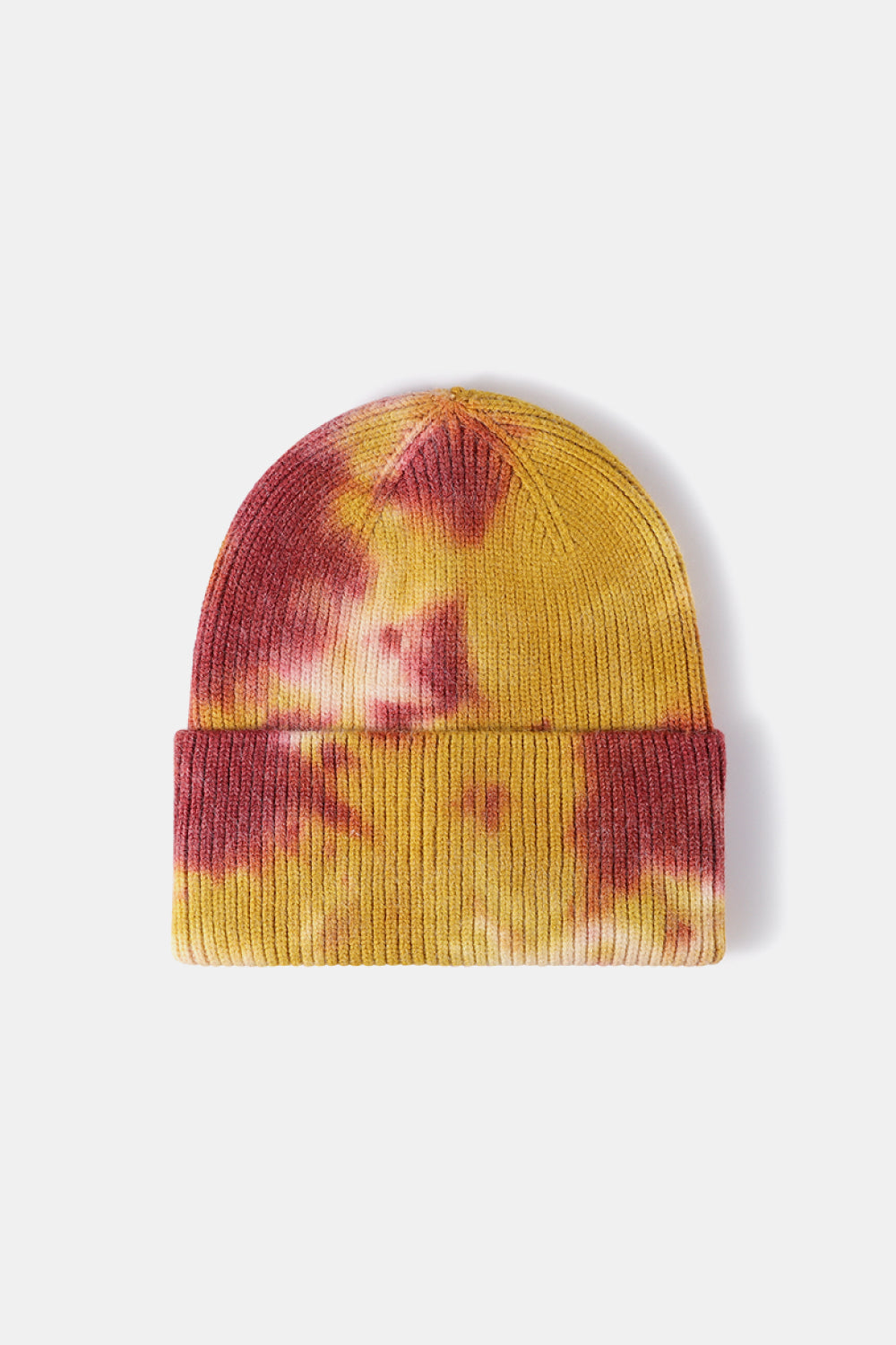 Tie-Dye Cuffed Rib-Knit Beanie Hat in Vibrant Burgundy and Mustard Tones