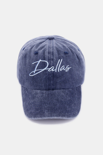 Zenana Washed Dallas Embroidered Baseball Cap - Classic gray cap with embroidered Dallas logo, perfect for casual outings.