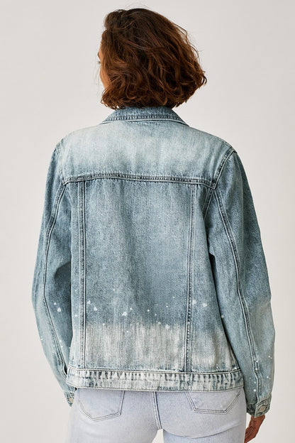 Distressed denim jacket with ombré wash, featuring a button-up front closure and textured fabric for a stylish casual look.