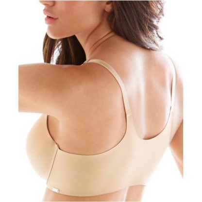 Seamless molded cup bra in beige color, showcasing a woman's smooth back.