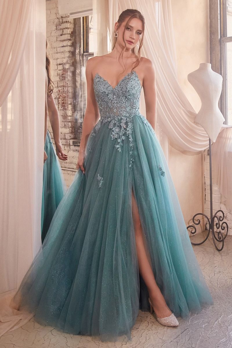 Strapless A-Line Lace & Tulle Skirt Side Slit Long Prom Dress CDC148