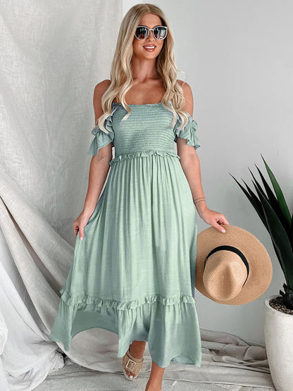 Perfee Frill Smocked Off-Shoulder Ruffle Sleeve Dress