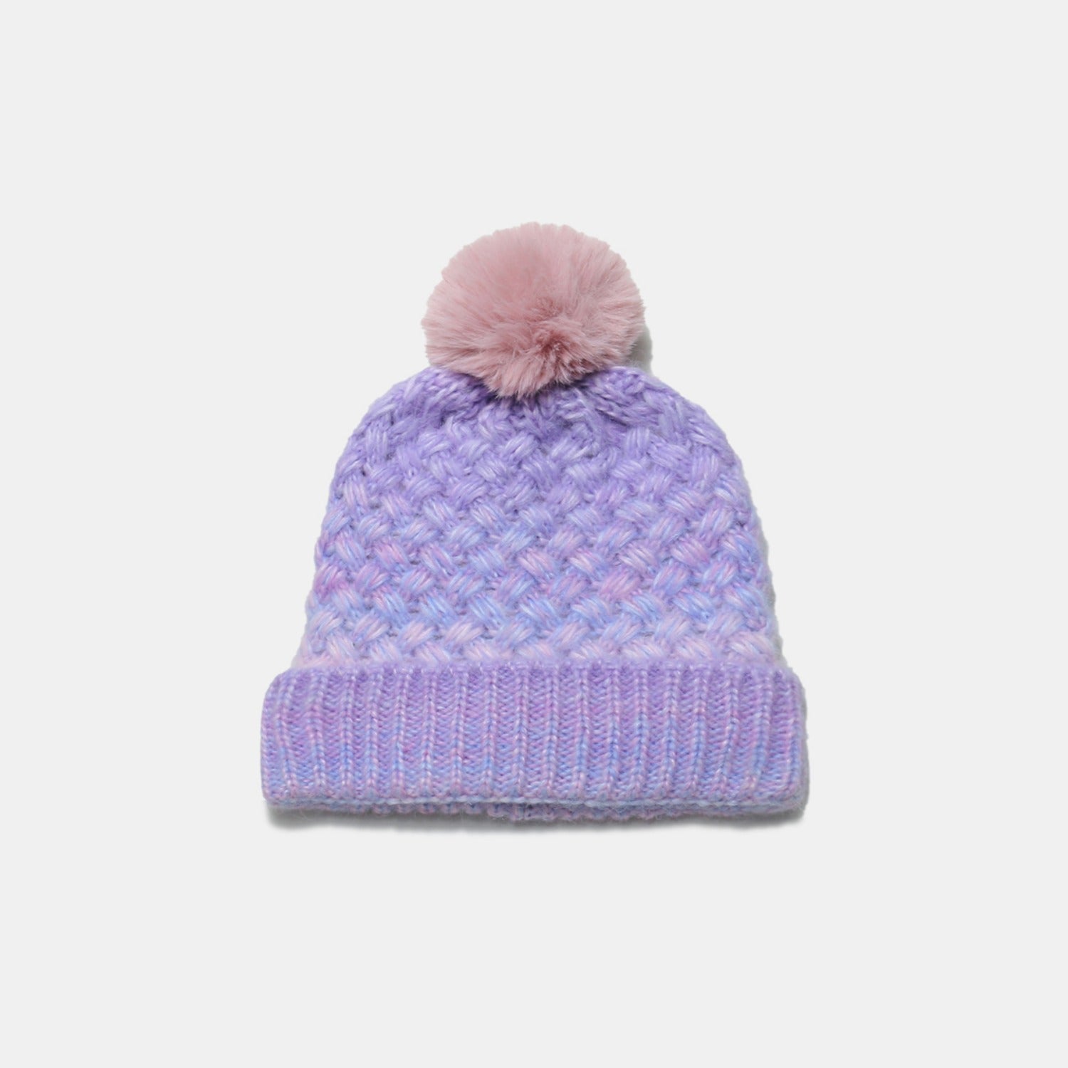 Gradient Knit Hat with Pompom - Stylish and cozy winter headwear with a soft lavender hue and a plush pink pompom accent.