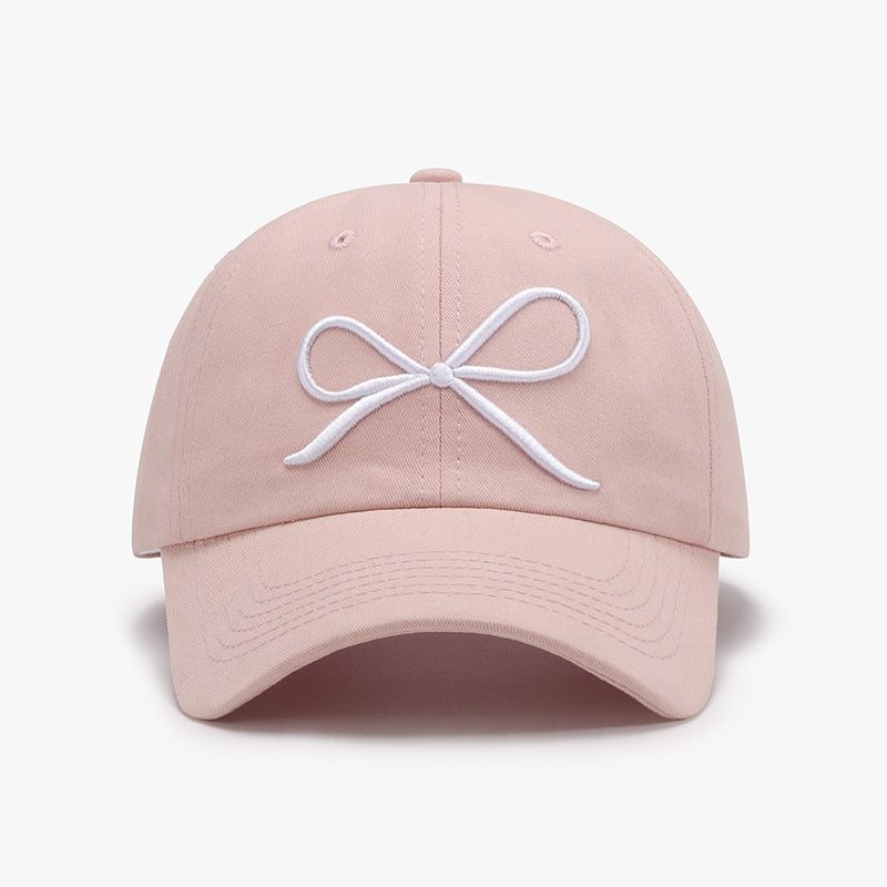 Bow Embroidered Cotton Baseball Cap in Soft Pink