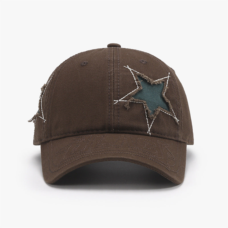 Adjustable Star Raw Hem Cap - Casual brown baseball cap with turquoise star appliques and frayed edges for a stylish, distressed look.