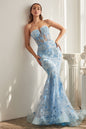 Strapless Butterfly Print Sheer Corset Bodice Mermaid Long Prom & Bridesmaid Dress CDCB099