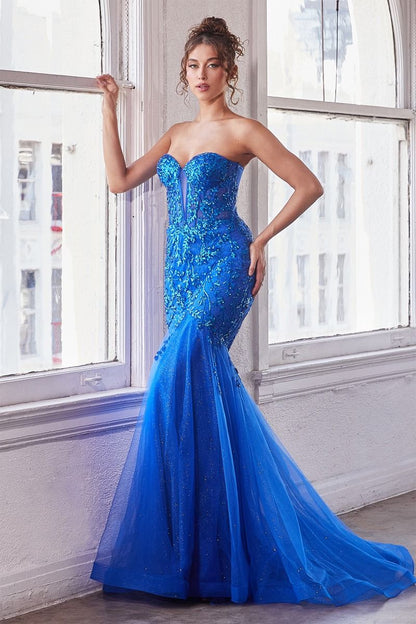 Strapless Embellished Mermaid Sweetheart Embroidered Bodice Long Prom Dress CDCB139