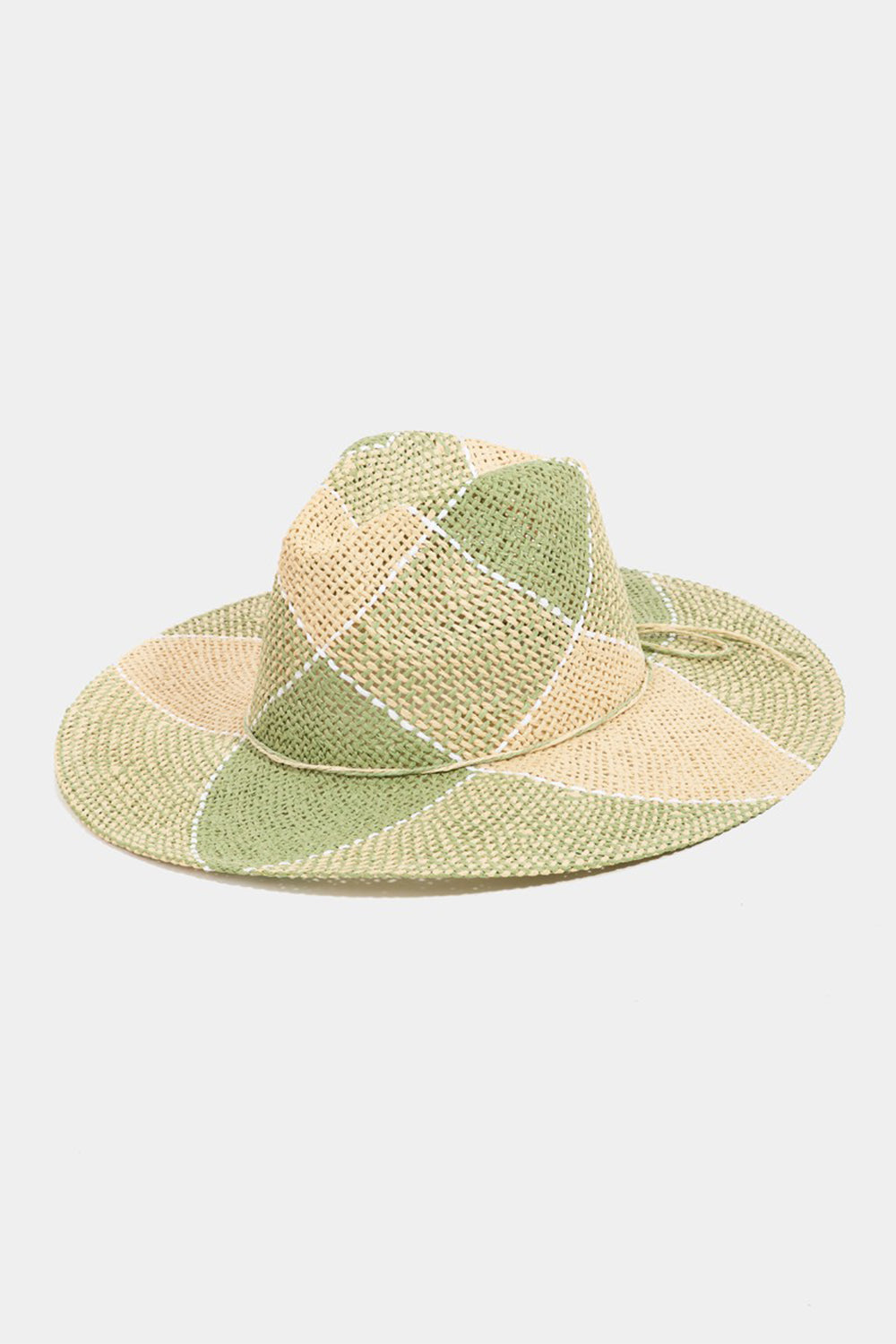 Stylish straw braid hat with contrasting green and beige panels, perfect for summer fashion.