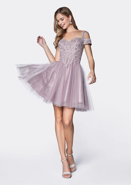 Off Shoulder Laced Floral Bodice Effortlessly Pretty Shimmer Skirt Short Cocktail Dress CDCD0132 Sale