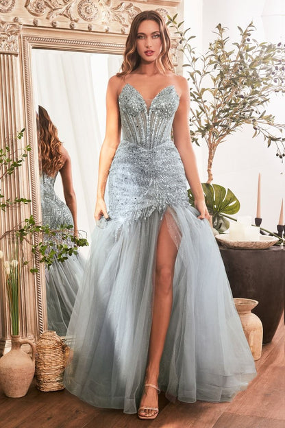 Strapless Embellished Beads Mermaid Tulle Skirt Long Prom Dress CDCD0214