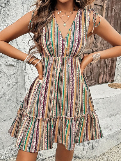 Devine Tied Frill Printed Surplice Sleeveless Mini Dress