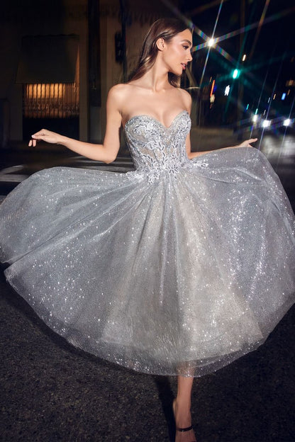 Strapless Embellished Glitter Sweetheart A-Line Midi Prom Dress CDCD871