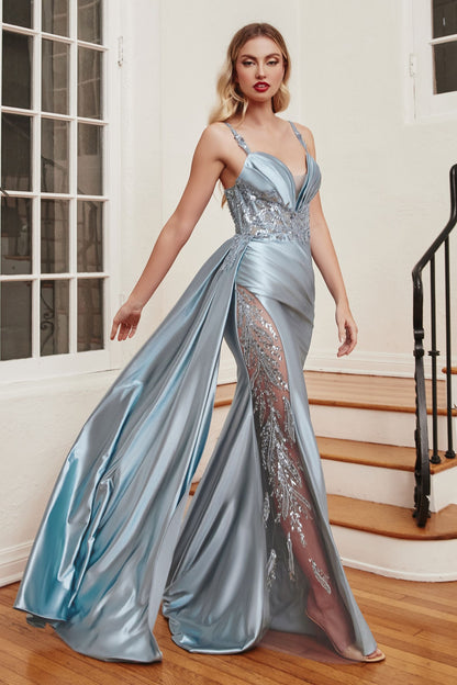 Satin Fitted Flattering Mermaid Sequin Embellished Top Long Evening & Cocktail Dress CDCDS417