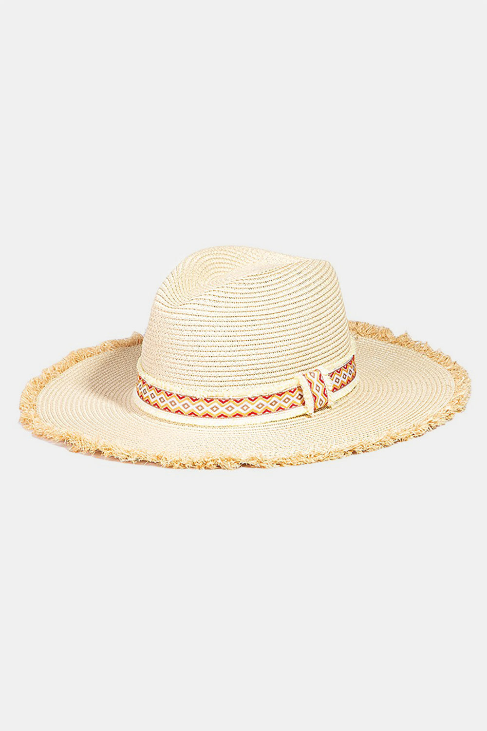 Stylish geometric pattern sun hat with raw textured edges, perfect for sunny summer days.