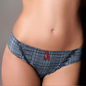 Stylish plaid underwear with a red ribbon detail, showcasing a sleek and feminine figure.