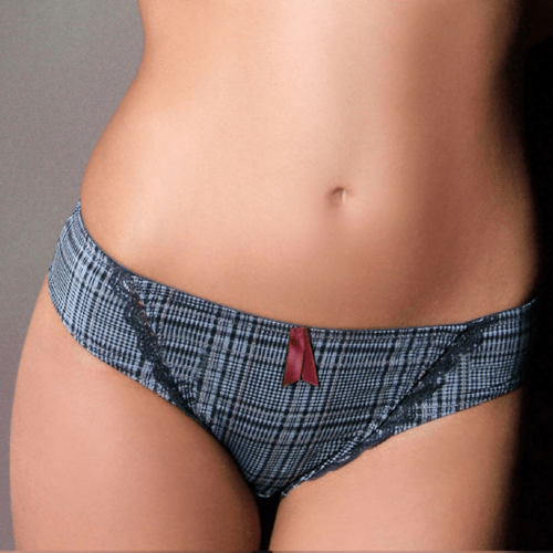 Plaid bikini panty with red accent, showcasing modern feminine style.