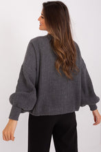 Load image into Gallery viewer, Knitted grey crop top with puffed sleeves, casual yet stylish womens fashion item.