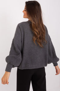 Knitted grey crop top with puffed sleeves, casual yet stylish womens fashion item.