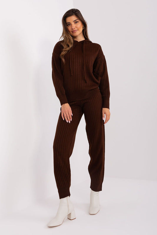 Burgundy ribbed knit hooded sweater and jogger pants set, featuring a woman with long brown hair posing in a white studio background.