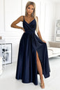 Elegant navy blue evening gown with plunging neckline and high slit, perfect for special occasions.