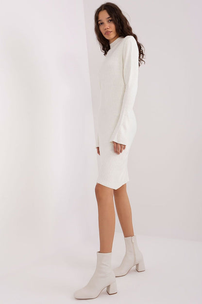 Elegant white dress with long sleeves, worn by a young woman with long dark hair. The minimalist design and clean lines of the dress create a sophisticated and stylish look.