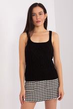 Load image into Gallery viewer, Fitted black tank top with square neckline showcased on a young female model with long dark hair against a plain white background.