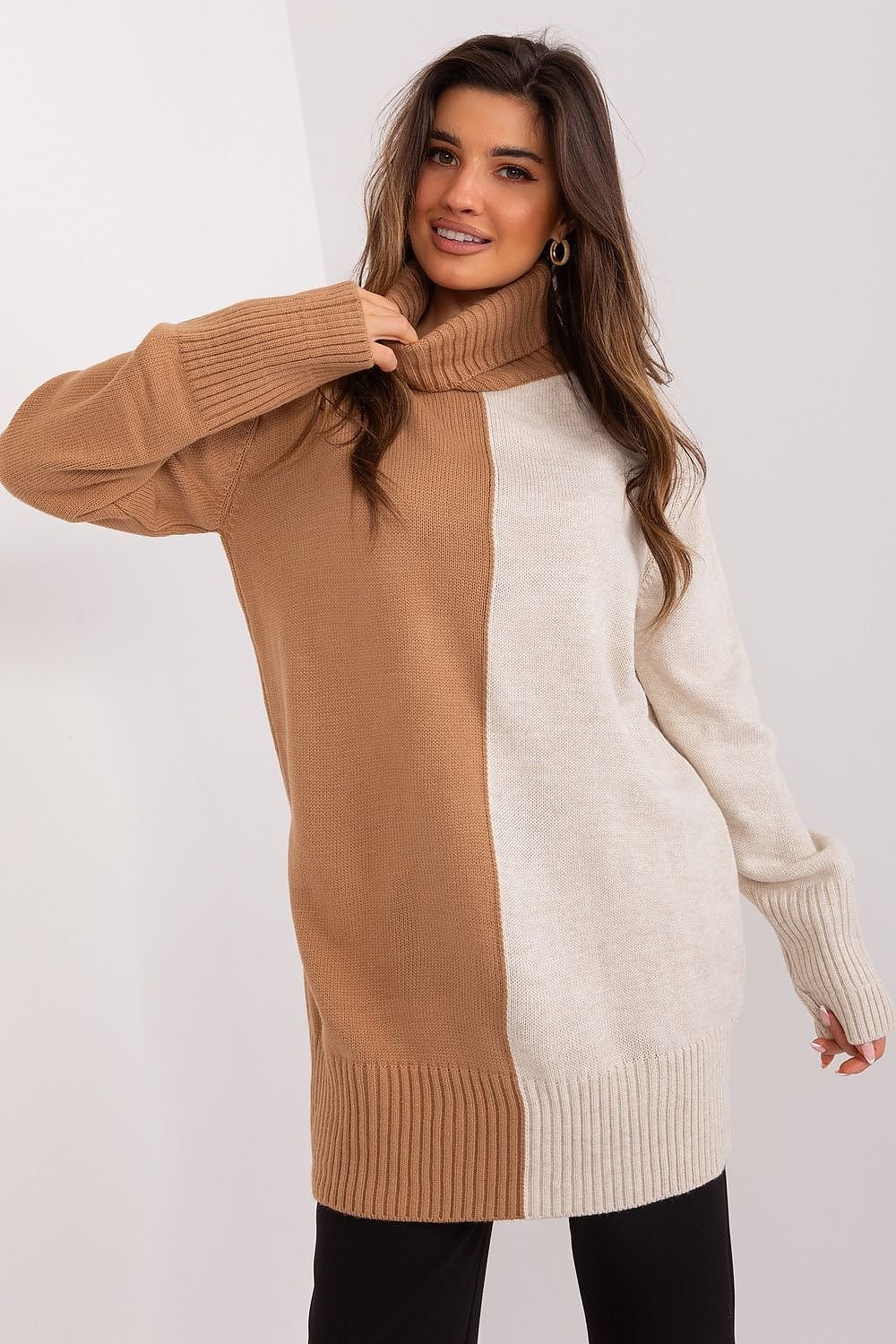 Cozy turtleneck sweater by Badu fashion, featuring a combination of warm brown and ivory knit panels for a stylish color block design.