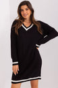 Cozy knit V-neck dress in black with white trim, stylish casual wear featuring long sleeves and a figure-flattering fit, a classic look for the modern woman.