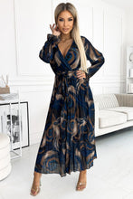 Load image into Gallery viewer, Elegant peacock pattern navy and gold full-length dress with a flattering wrap style design and pleated skirt