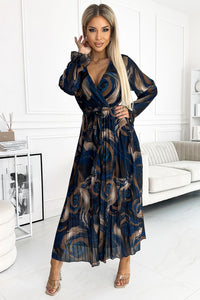 Elegant peacock pattern navy and gold full-length dress with a flattering wrap style design and pleated skirt